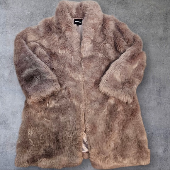 Express Faux Fur Coat Women's Longline Lavender Jacket Taupe Size Large - Picture 1 of 12